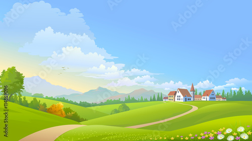 A peaceful settlement in the midst of lush green meadows photo