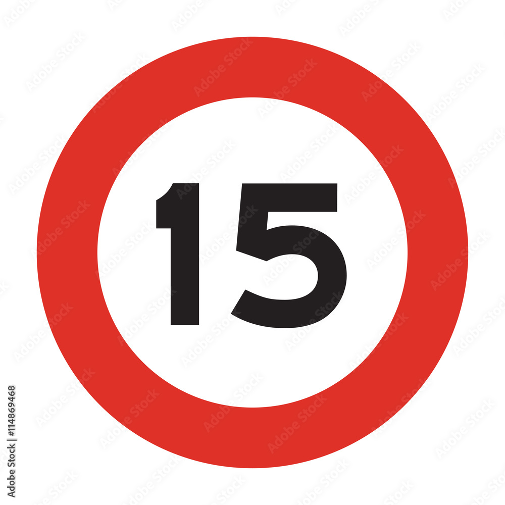 Speed limit road sign. Speed limit 15 icon. Isolated illustration of circle speed limit traffic sign with red border. Speed limit road sign. Speed limit 15 icon. Isolated illustration of circle speed limit traffic sign with red border.