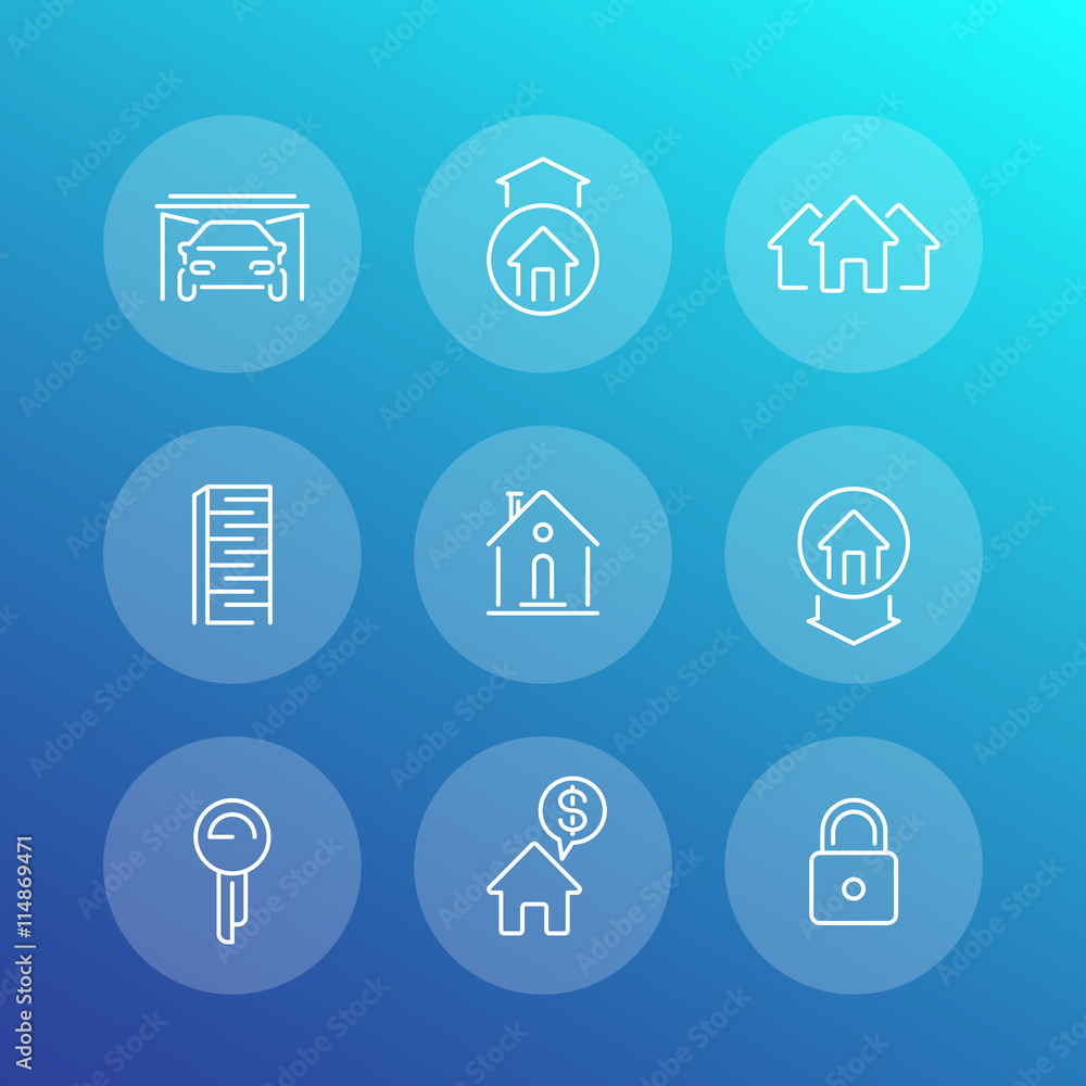 Real estate line icons set, mortgage, key, rent, sale, loan, property, building, vector illustration Real estate line icons set, mortgage, key, rent, sale, loan, property, building, vector illustration