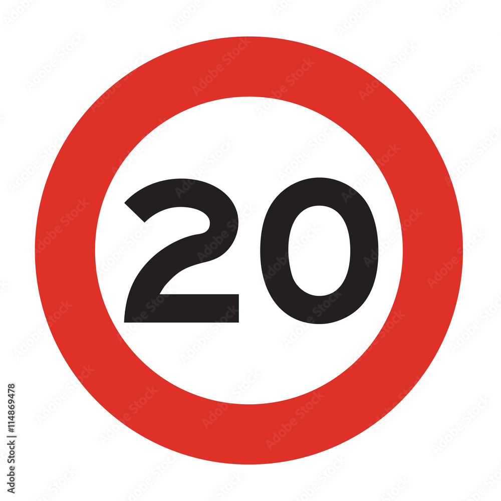 Speed limit road sign. Speed limit 20 icon. Isolated illustration of circle speed limit traffic sign with red border. Speed limit road sign. Speed limit 20 icon. Isolated illustration of circle speed limit traffic sign with red border.