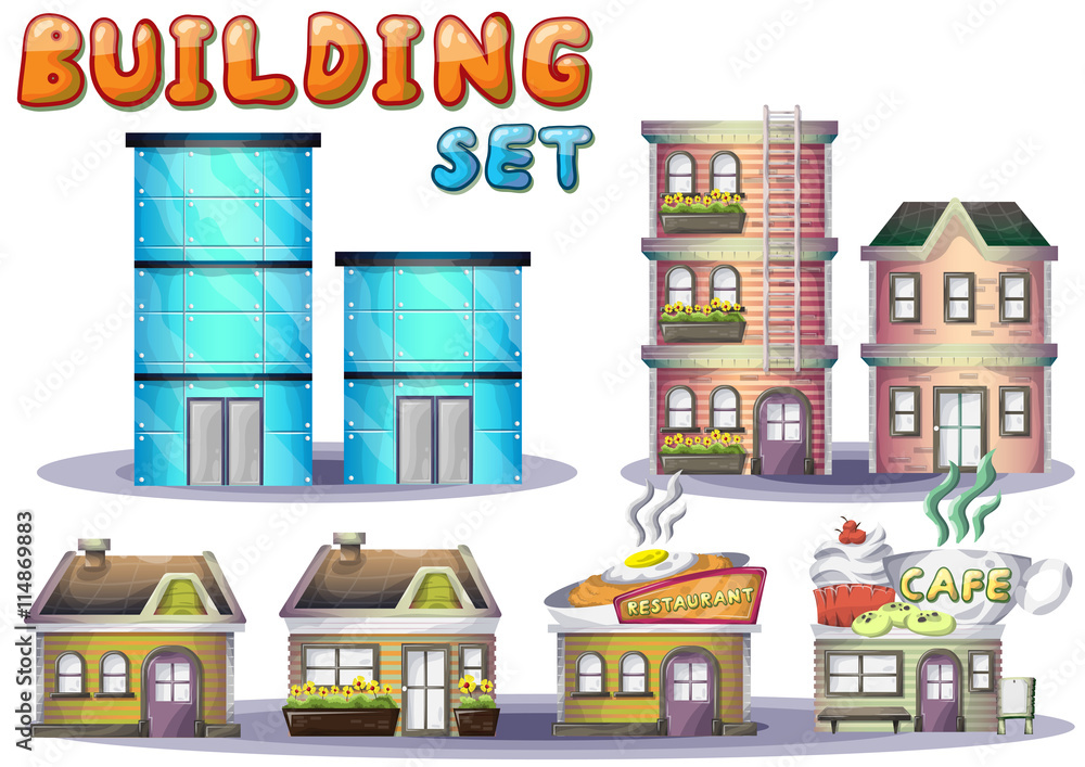Cartoon vector building set for game and animation, game design asset