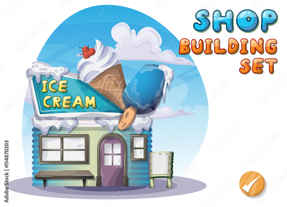 Cartoon vector ice cream shop for game and animation, game design asset