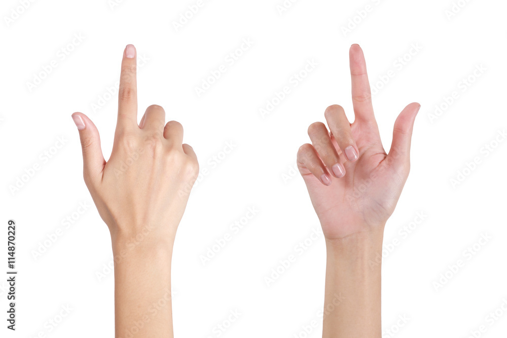 Woman's hands touching screen, front and back side, isolated on white background. Woman's hands touching screen, front and back side, isolated on white background.