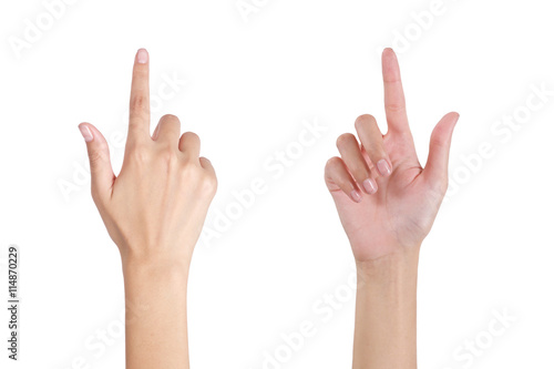 Woman's hands touching screen, front and back side, isolated on white background.