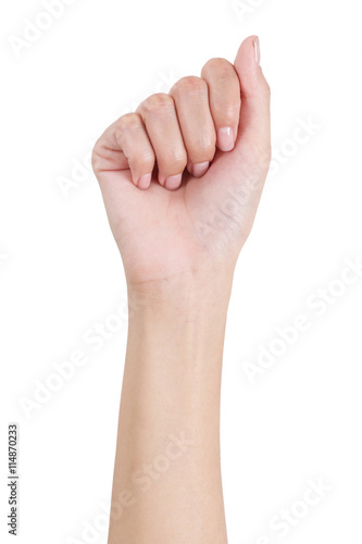 Woman's hand with fist gesture front side, Isolated on white background.