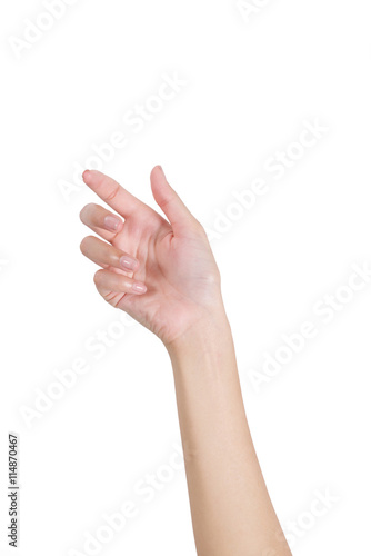 Woman's hand holding something empty front side, isolated on white background.