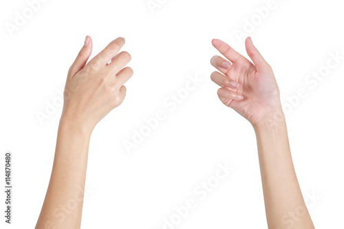 Woman's hands holding something empty front and back side, isolated on white background.
