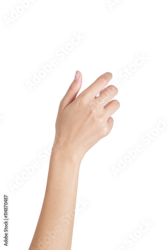Woman's hand holding something empty back side, isolated on white background.