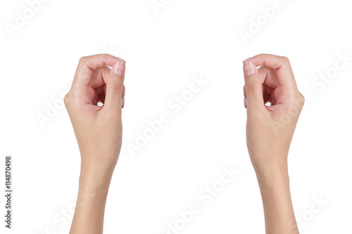 Woman's hands holding something empty isolated on white background.
