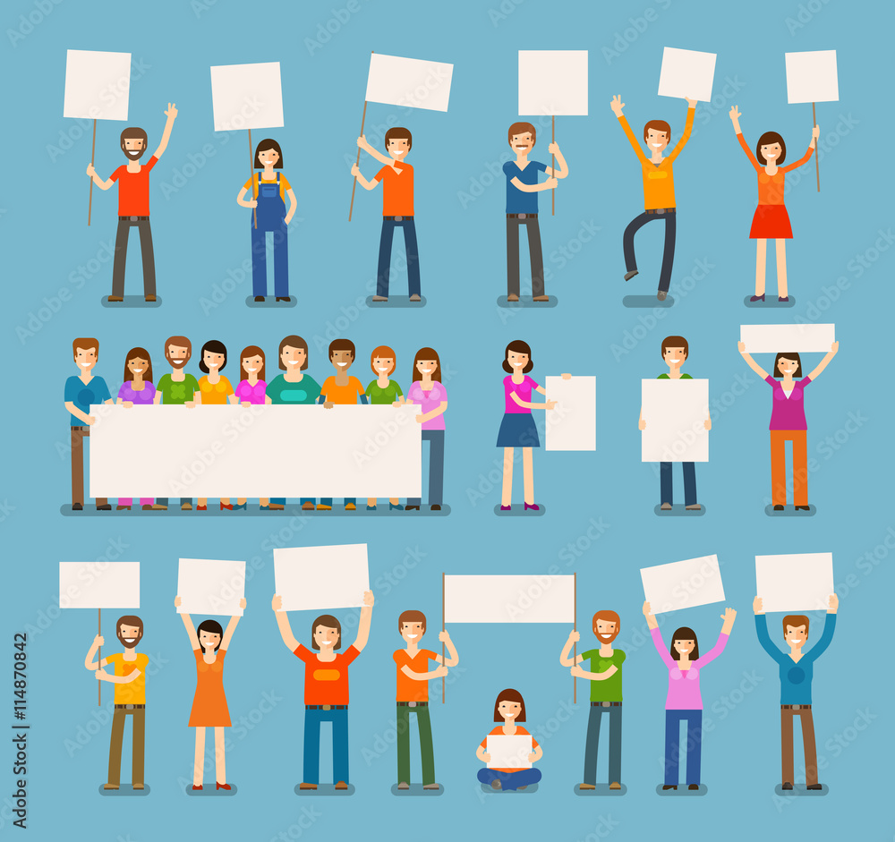 set of people with blank white banner in various action. Simple and flat design. Vector illustration set of people with blank white banner in various action. Simple and flat design. Vector illustration