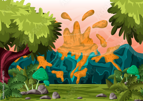 cartoon vector volcano background with separated layers for game and animation  game design asset