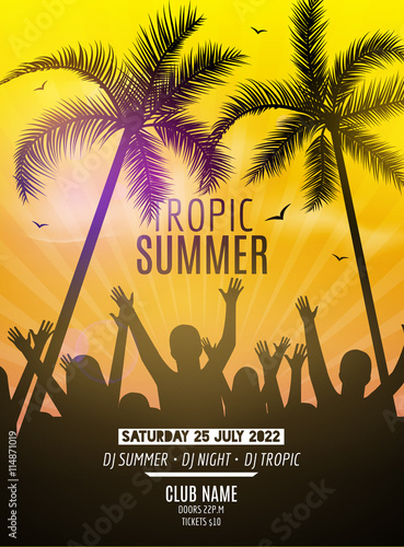 Summer beach party design template. Party people silhouette template. Dance disco poster flyer mockup