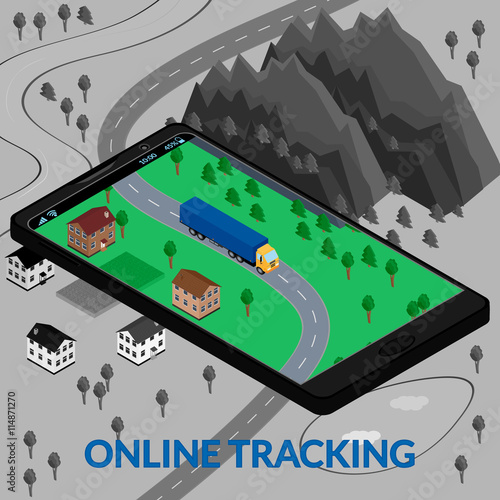 vector illustration. Online tracking of delivery on the screen of the mobile phone on the map. Truck. Isometric, infographics, 3D