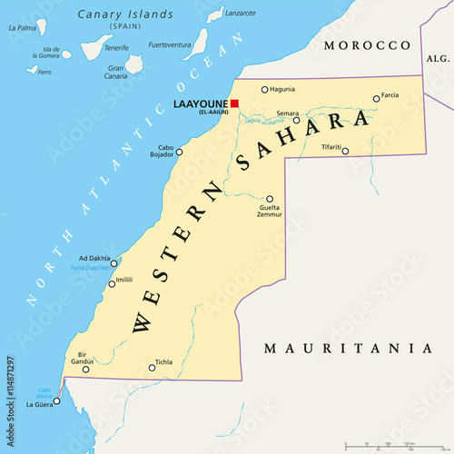 Western Sahara political map with capital Laayoune, national borders, important places and rivers. A disputed territory in the Maghreb region of North Africa. Illustration with English labeling.