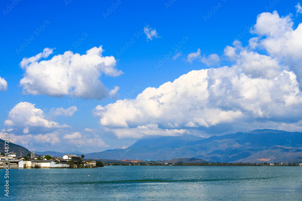 Panorama view of Erhai lake and Cangshan mountain