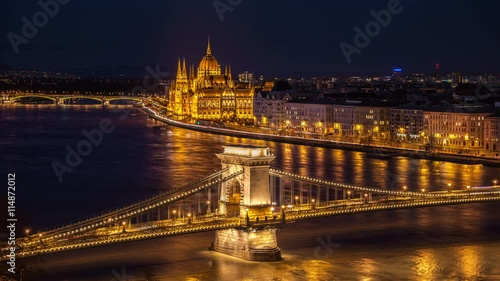 Aerial view of Chain bridge and Parliament building in Budapest, Hungary at night. Time-lapse