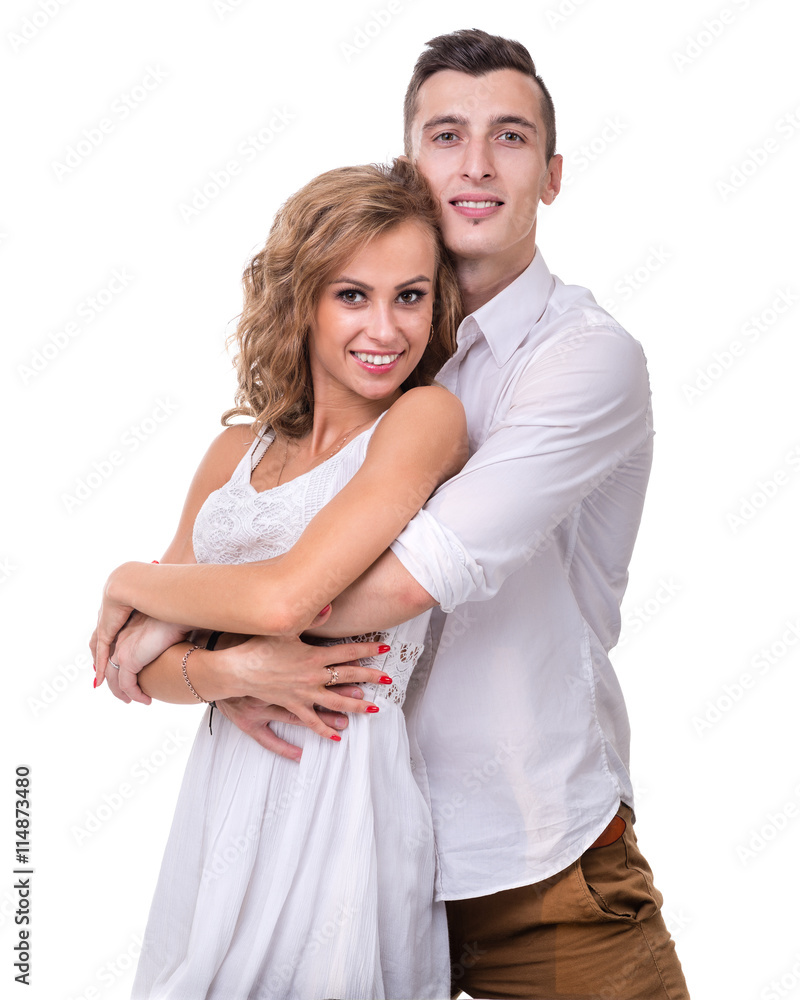Cheerful young couple on white background, isolated Cheerful young couple on white background, isolated