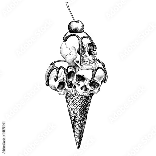 Ice Cream cone with a Skulls and a cherry. Vector illustration.