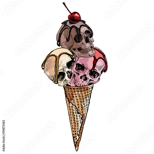 Ice Cream cone with a Skulls and cherry on blue background. Vector illustration.