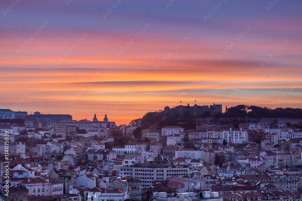 St George castle and old city in the dawn, Lisbon, Portugal
