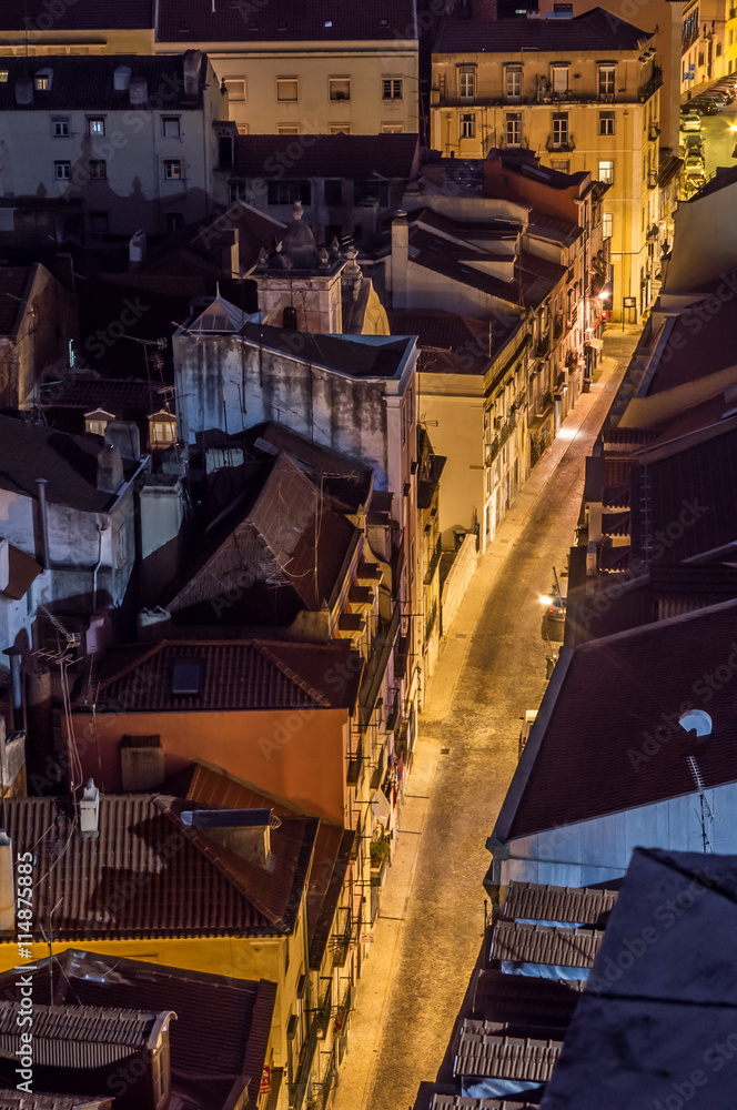 Lisbon streets in the night seen from above, Portugal