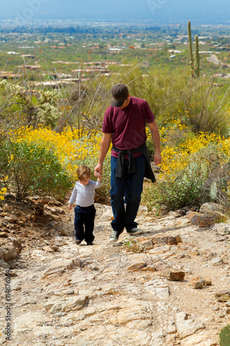 Father Son Hike Up Desert Mountain
