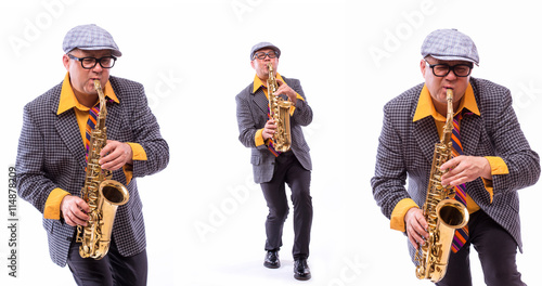Foto Colage of old male showman singer artist with music instruments on white