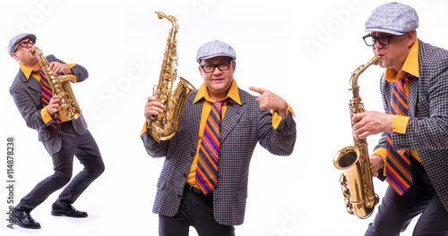 Photography Colage of old male showman singer artist with music instruments on white