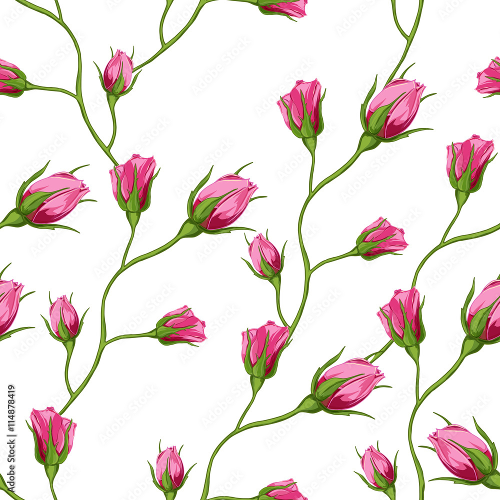 Rosebuds. Seamless background pattern. Hand drawn. Can be used in design, as wrap paper, cover skin, etc. Vector - stock. Rosebuds. Seamless background pattern. Hand drawn. Can be used in design, as wrap paper, cover skin, etc. Vector - stock.