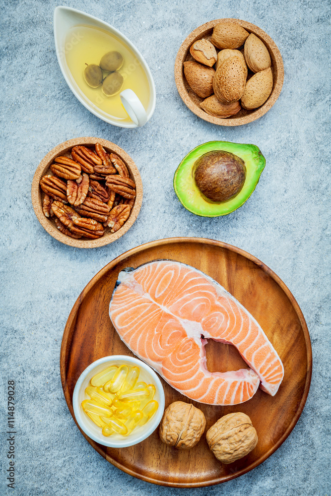 Selection food sources of omega 3 and unsaturated fats. Super fo Selection food sources of omega 3 and unsaturated fats. Super fo