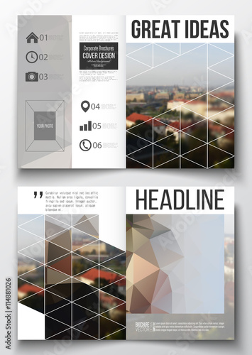 Set of business templates for brochure, magazine, flyer, booklet or annual report. Polygonal background, blurred image, urban landscape, Prague cityscape, modern triangular texture