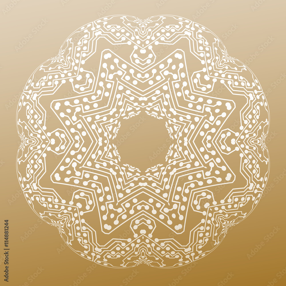Abstract round microchip pattern isolated on golden background, mandala template with connecting dots and lines, connection structure. Digital scientific vector Abstract round microchip pattern isolated on golden background, mandala template with connecting dots and lines, connection structure. Digital scientific vector