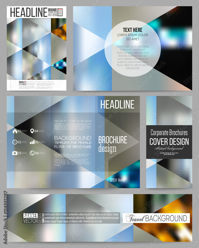 Set of business templates for presentation, brochure, flyer or booklet. Abstract multicolored background, blurred nature landscapes, geometric vector, triangular style illustration