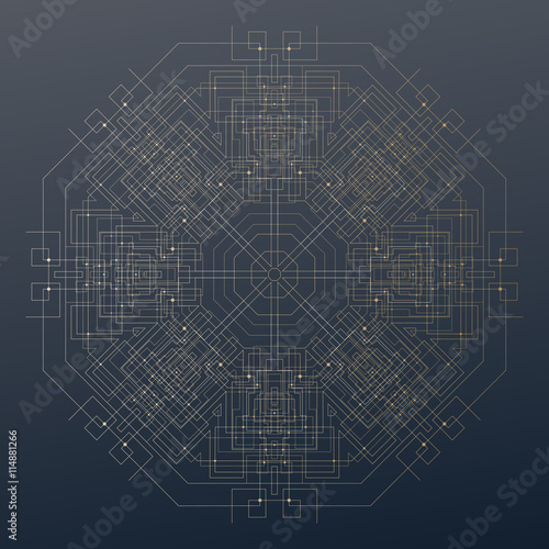 Abstract round technology pattern on dark background, golden mandala template with connecting lines and dots, connection structure. Digital scientific vector