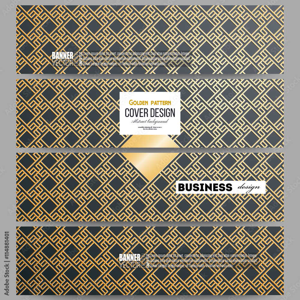 Set of modern banners. Islamic gold pattern with overlapping geometric square shapes forming abstract ornament. Vector stylish golden texture on black background. Set of modern banners. Islamic gold pattern with overlapping geometric square shapes forming abstract ornament. Vector stylish golden texture on black background.