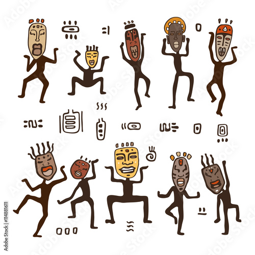 Dancing figures in African masks