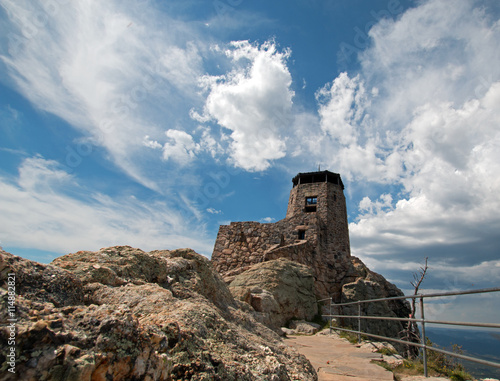 Harney Peak Fire Lookout Tower and safety railing in Custer State Park in the Black Hills of South Dakota USA © htrnr