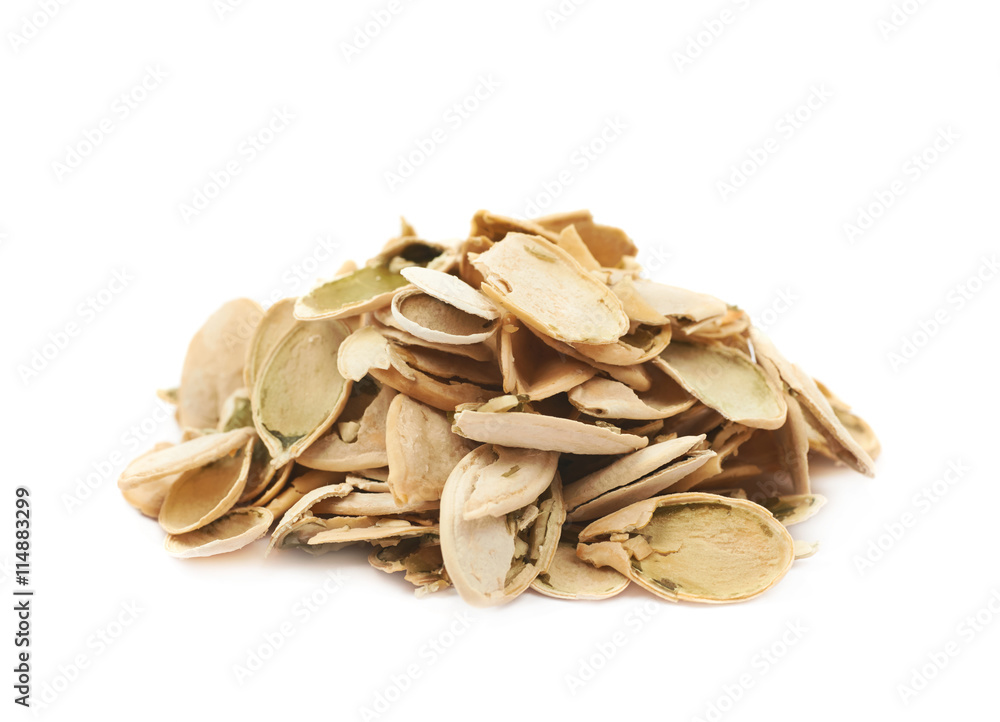 Pile of pumpkin seeds shells isolated
