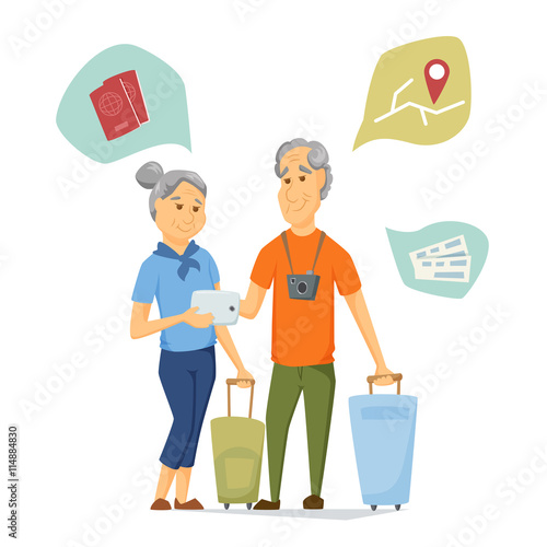 Seniors travel and use tablet