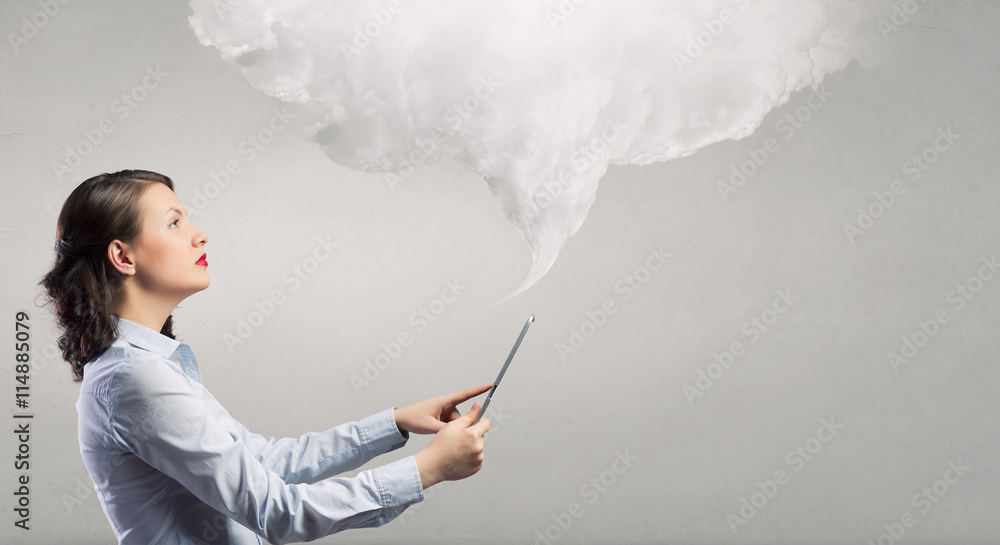 Woman use tablet device . Mixed media Woman use tablet device . Mixed media