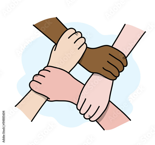 Interracial Teamwork, a hand drawn vector illustration of 4 hands interlocking with each other, isolated on a simple background.
