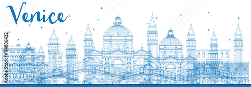 Outline Venice Skyline Silhouette with Blue Buildings.