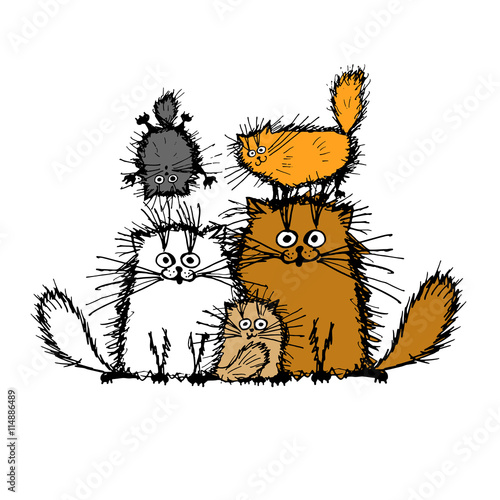 Fluffy cats family, sketch for your design