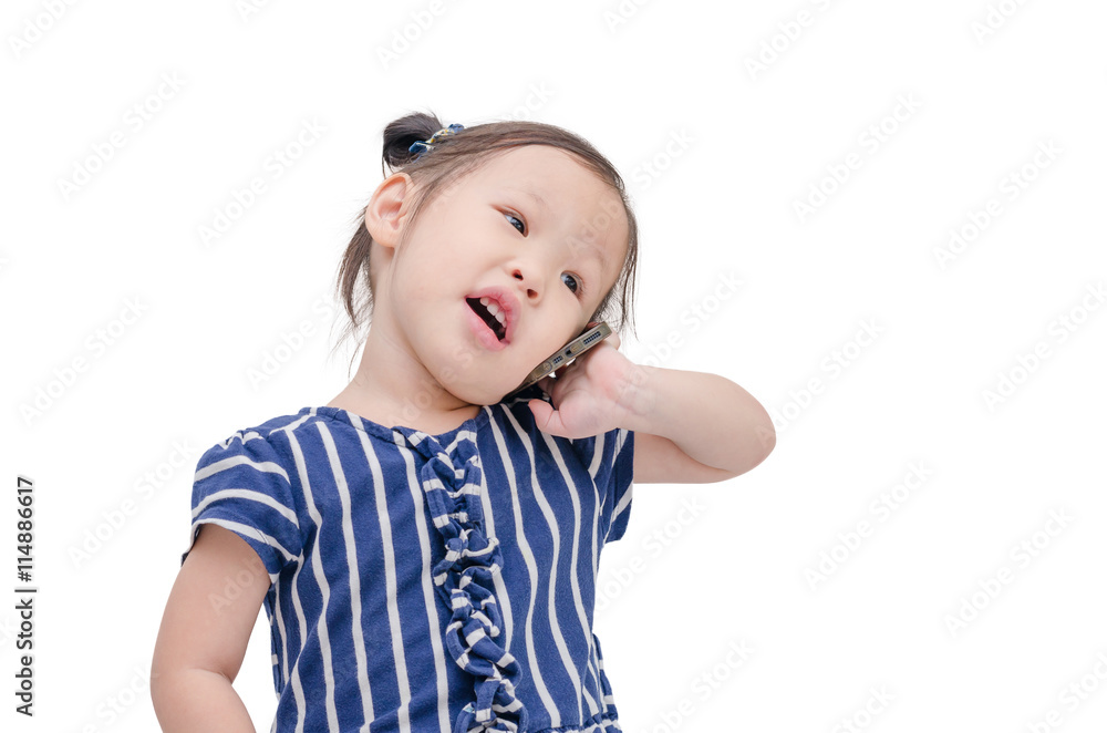 Little asian girl talking on cellphone isolated over white Little asian girl talking on cellphone isolated over white