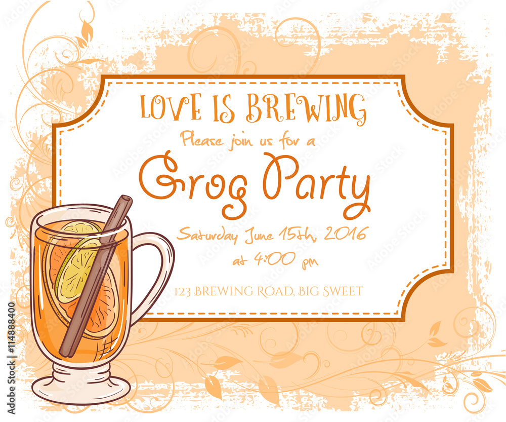 vector hand drawn grog party invitation card, vintage frame, glass and leaves