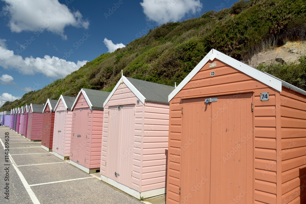 Beach huts on seafront at Bournemouth, Dorset