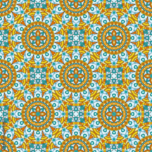 Mandala texture in bright colors. Abstract vector background. Seamless pattern on indian style. © astarte7893