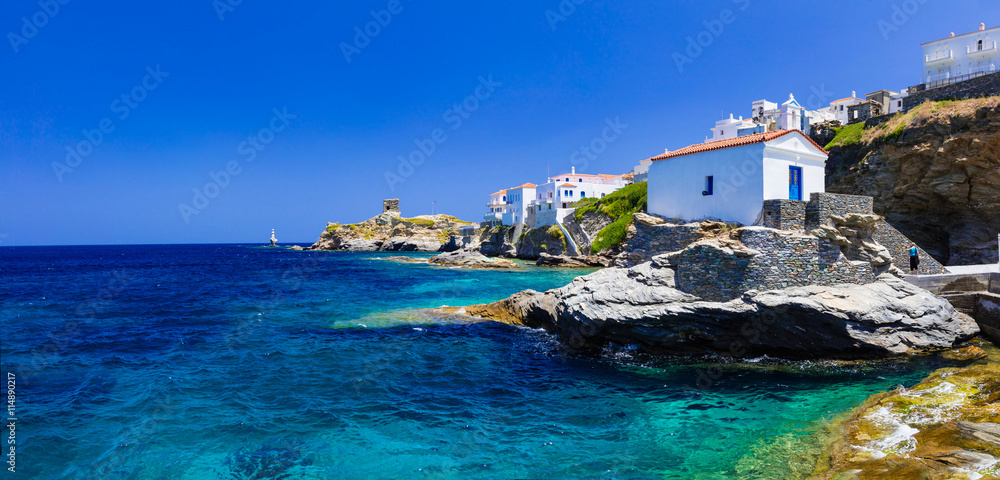 Andros island - panoramic view with small church, Greece, Cyclades