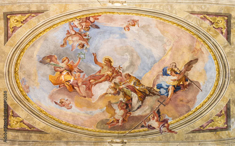 BRESCIA, ITALY - MAY 23, 2016: The Apotheosis of St. John the Baptist fresco on the vault in Sant'Afra church by Sante Cattaneo (18. cent.)