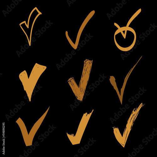 Vector set of hand drawn check on black background, doodle gold illustration